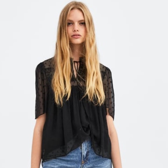 NEW ZARA XS PLUMETIS TOP Black - Picture 2 of 2